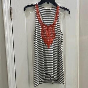 Gray Striped Tank Top with Orange Detailing